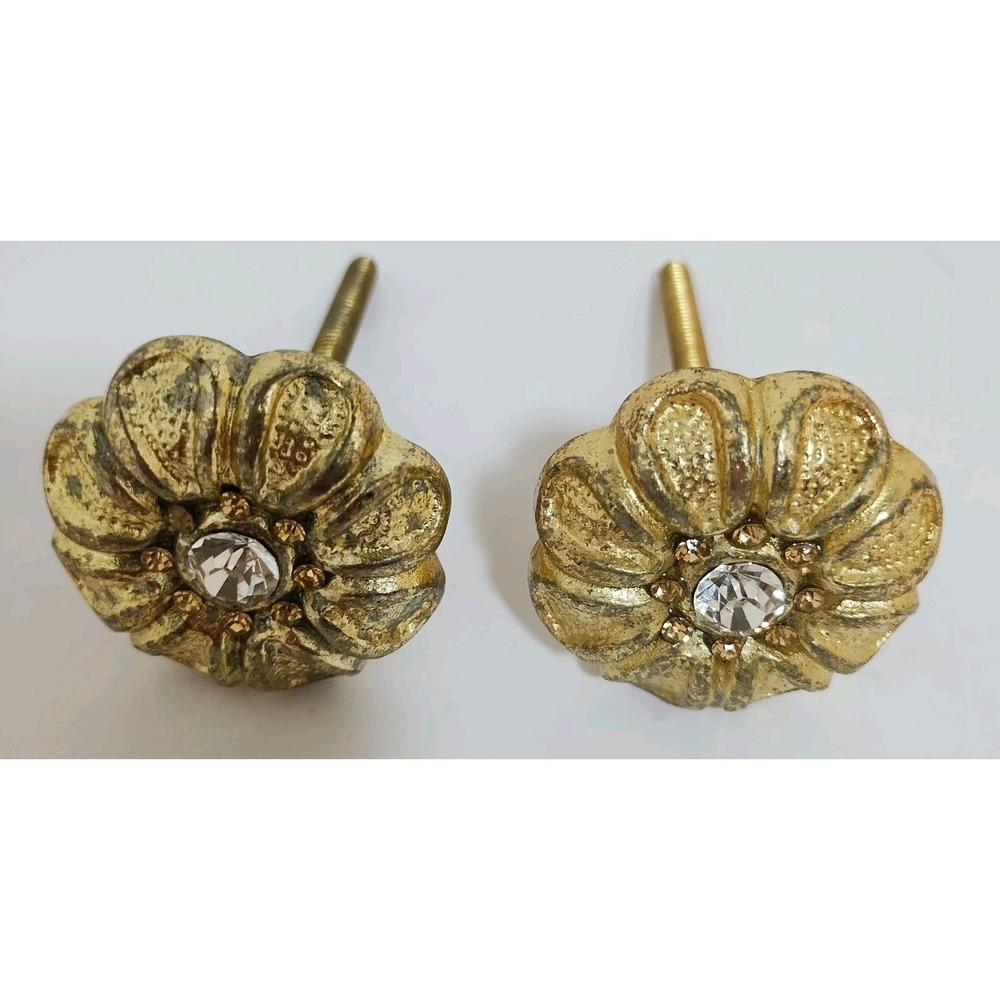 Pair Vintage Brass Rhinestone Pull Knobs Flower Shaped Cabinet Drawer Door 1.5"